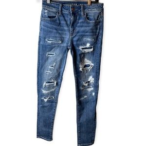 American Eagle Super Stretch Hi Rise Jeggings Crop Size 4 Distressed Holes